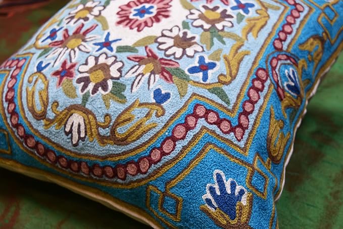 Turquoise Floral Pillow Cover Traditional Blue Flower Pillowcase Traditional Outdoor Cushion Suzani Flower Throw Florals Chair Farmhouse Hand Embroidered Cushions Wool 18x18 Inch