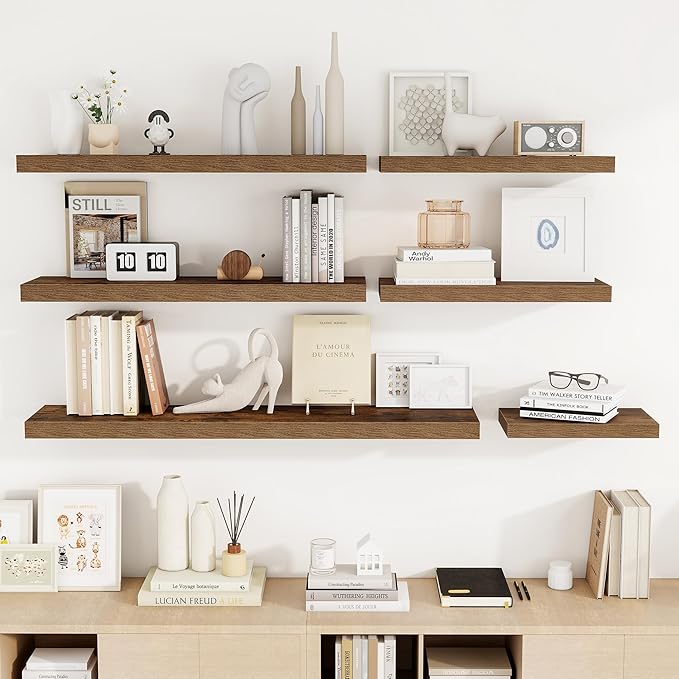24 Inch Floating Shelves, 24"x9.25"x1.5" Inch Deep Floating Shelves for Wall, Wooden Shelves for Bathroom, Bedroom, Living Room, Brown