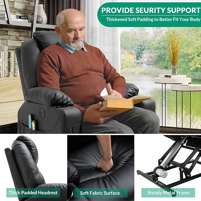VIVIJASON Power Lift Chair Electric Recliner for Elderly Heated Vibration Massage Faux Leather Recliner Chair with 2 Remote Controls, Cup Holders, Side Pockets & USB Ports for Living Room (Black)