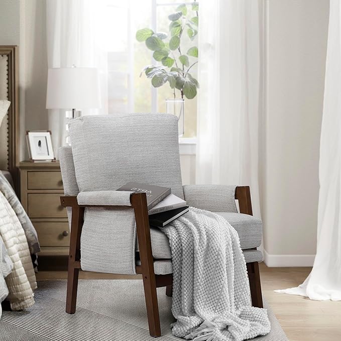 Modern Accent Chairs Set of 2 for Living Room Mid Century Arm Chairs Upholstered Bedroom Chairs Comfy Lounge Chairs with Solid Wood Frame, White