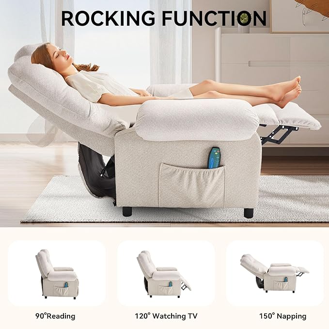 KCREAM Massage Chair Recliner with Heating,Recliner Chair for Adults,Small Recliners for Small Spaces Overstuffed Reclining Chairs Single Sofa Recliners with Side Pocket for Living Room,Fabric Beige