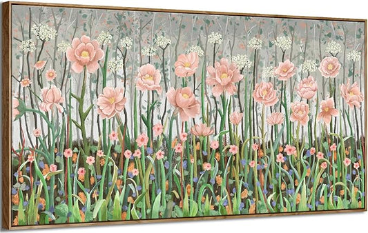amatop Framed Oversized Floral Canvas Wall Art Canvas Print Modern Botanical Flower Field Rustic Wall Decor Abstract Nature Blooming Wildflower Pale Pink Green Artwork for Living Room Bedroom Office 58x29 in