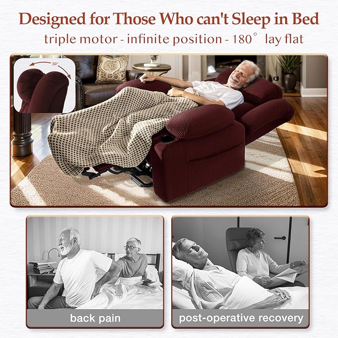 Three Motor Large-Wide Power Lift Chairs Recliners for Big and Tall Elderly, 180° Lay Flat Lift Chair, Infinite Position, Power Headrest, Heat & Vibration Massage (Plush Flannel, Red)