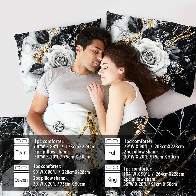 Marble Floral Comforter Set for King Bed Women,Vintage Flower Bedding Set King,White and Black Comforter Rose Quilt for Girls,Rose Bedding Floral Bedroom Decor Adults