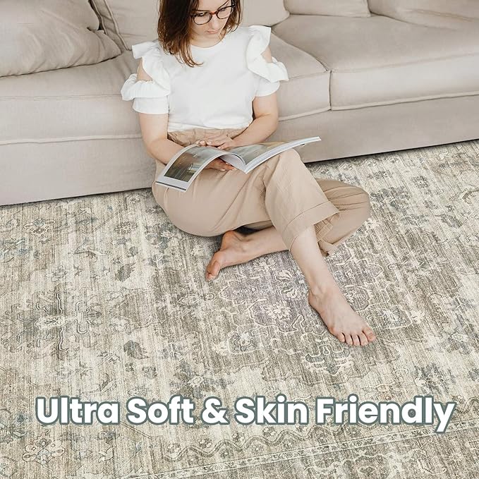 Washable Area Rugs for Living Room -10x13 Neutral Vintage Distressed Floral Farmhouse Boho Large Soft Floor Rug Indoor Non Slip Carpet for Living Room Bedroom Dining Room Office-Brown/Tan