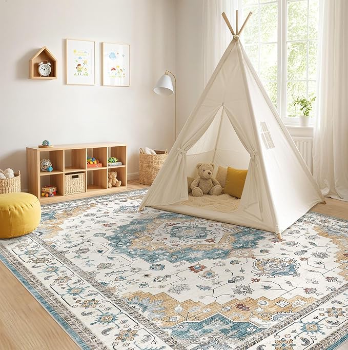 Washable Area Rugs for Living Room - 5x7 Neutral Vintage Distressed Floral Farmhouse Boho Large Soft Floor Rug Indoor Non Slip Carpet for Living Room Bedroom Dining Room Office - Blue/Yellow/Beige