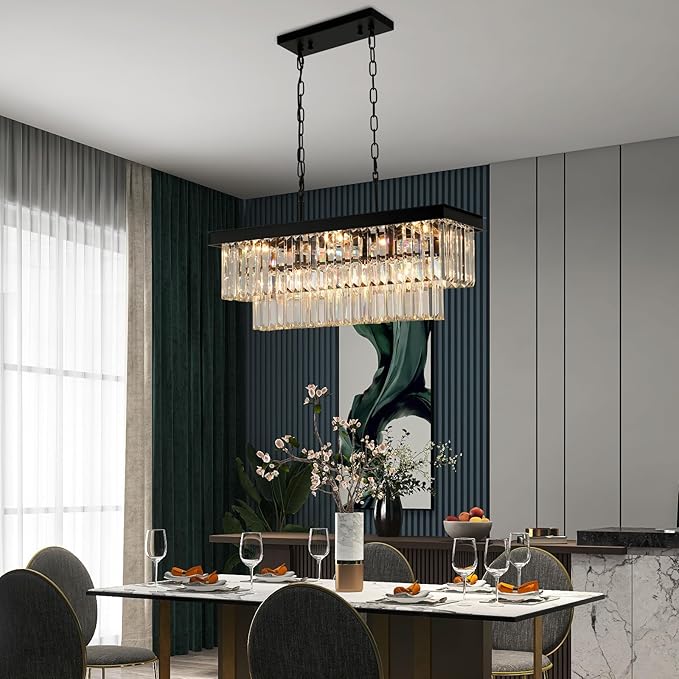 Black Crystal Chandeliers for Dining Room Light Fixtures Over Table,9-Lights Modern Rectangle Chandeliers for Kitchen Island Bar L28 Inch