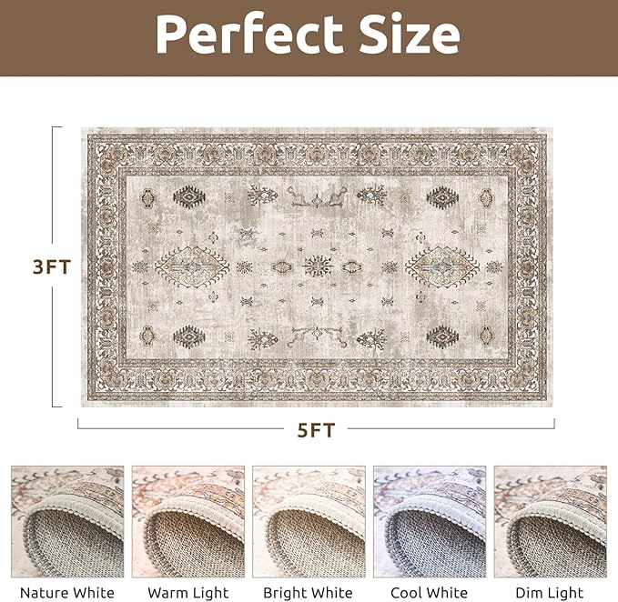 AMOAMI-Vintage Area Rug 3x5 Brown Rugs for Living Room-Soft Washable Rug Non Slip Entryway Rug Indoor Vintage Throw Accent for Bedroom Laundry Room Dining Bathroom Bedside