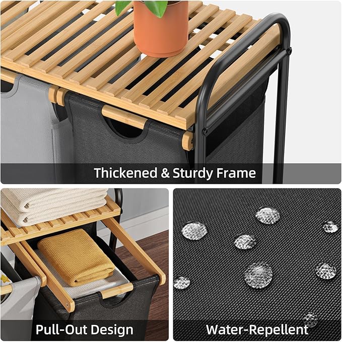 Laundry Hampers 3 Section, Laundry Sorter with Removable Shelf and Pull-Out Bags, Clothes Hampers with Wheels Rolling Cart Basket for Laundry Room Bathroom, 3 x 40 L (Black White Gray)