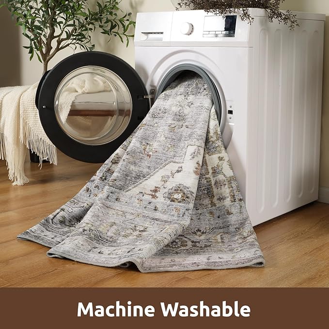 AMOAMI-3X5 Area Rug-Soft Washable Vintage Throw Accent Rugs for Living Room, Entryway, Bedroom, Kitchen, Bathroom, Laundry Room, Kitchen, Bathroom, Bedside, No Slip Grey