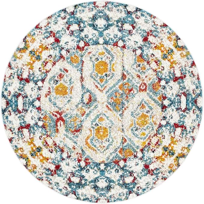 Unique Loom Rosso Collection Vintage, Geometric, Bohemian, Traditional, Distressed, Southwestern Area Rug, Round 4' 0" x 4' 0", Multi/Ivory
