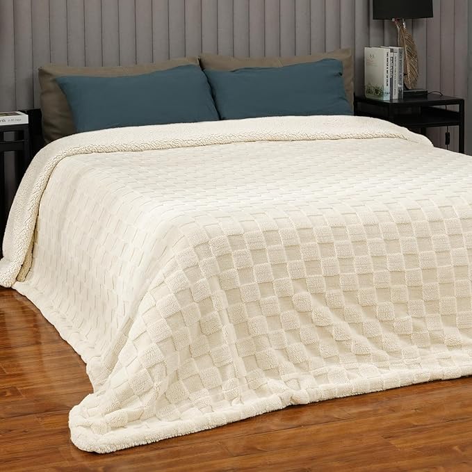Pawque Super Soft Cozy Throw Blanket Queen Size for Couch Bed, Fluffy Sherpa Fleece Reversible Thick Warm Fuzzy Blanket for All-Season, 3D Checkered Jacquard Decorative Blankets, Cream White, 90"x90"