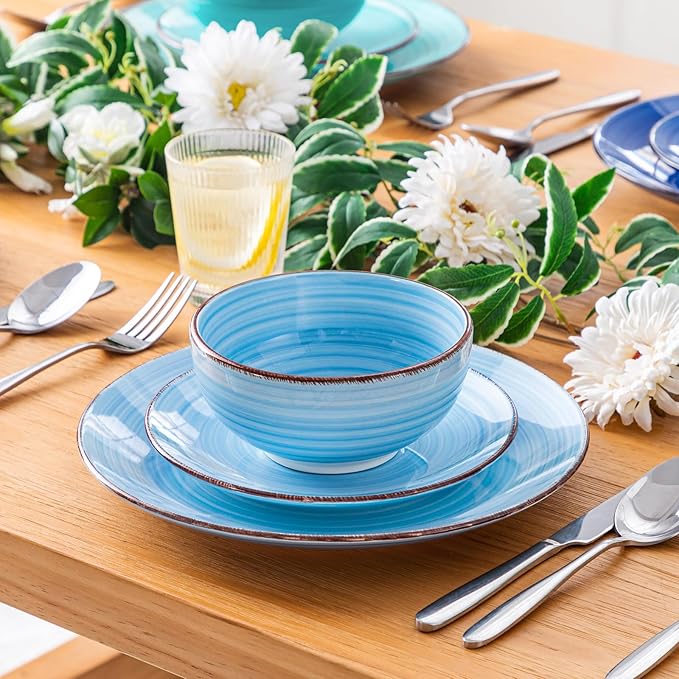 vancasso Bonita Dinnerware Set Blue Stoneware 18 Pieces Service for 4, Handpainted Spirals Pattern Stoneware Plates and Bowls Set