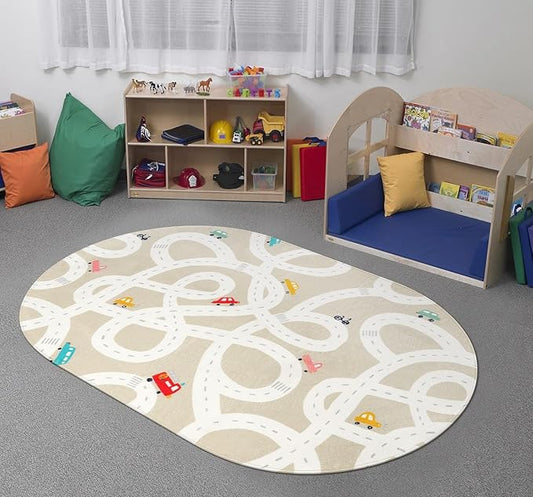 STARUIA Small Kids Rug for Kids Room, 3'x5' Washable Road Rug for Baby Nursery, Non-Slip Car Rugs for Playroom, Tan Traffic Play Mat Soft Fun Rugs for Boys Girls Dorm Toy Room Tent