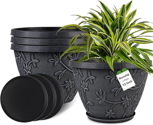 4 Pack 12 Inch Large Flower Pots for Outdoor Indoor, Plastic Plant Pots with Drainage Hole & Saucer, Modern Decorative Garden Pot, Imitation Magnolia Pots for Garden House Planters(Gray)