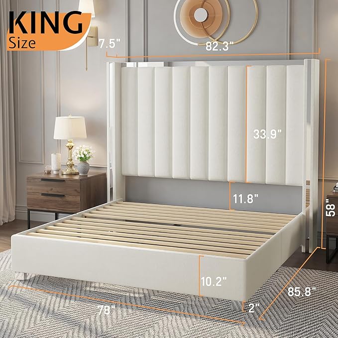 Jocisland King Size Bed Frame with 58" Tall Headboard, Platform Velvet Upholstered Bed with Channel Tufted Wingback Headboard and Plating Trim, No Box Spring Needed, Cream