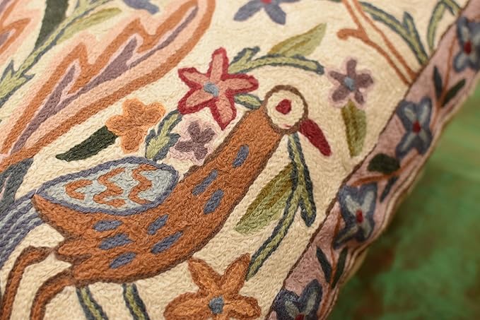 Tree of Life Pillow Cover - Crane Cream Floral Outdoor Pillows | Suzani Cushions | Modern Floral Cushion Hand Embroidered Shams Wool Size - 18x18