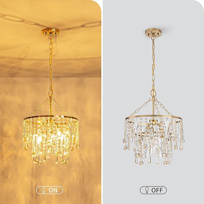 3-Lights K9 Crystal Chandeliers, Luxury Vintage Pendant Light Fixture for Dining Room, Living Room, D15*H20.4~66.8 inch (Adjustable), Clear Crystal & Gold Finish