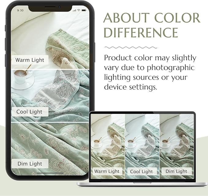 jinchan Boho 100% Cotton Muslin Twin Size 50x60 Inches Blanket Lightweight 4-Layer Quilted Soft Green and Beige Floral Throw Blanket Reversible Comfy Flower Breathable All Seasons Couch Bedroom Decor