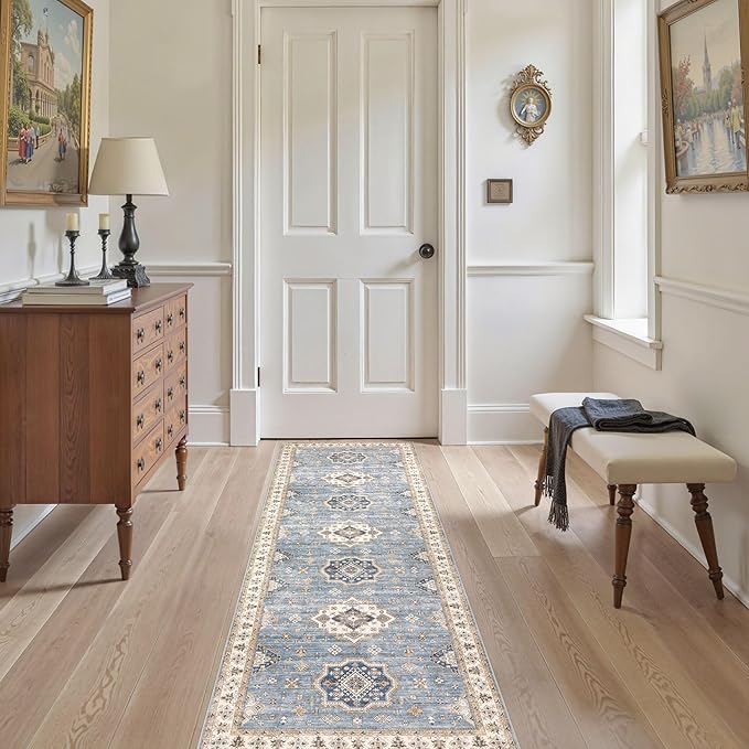 Washable 2x6 Runner Rug - Area Rugs Neutral Vintage Distressed Floral Farmhouse Boho Large Soft Floor Rug Indoor Carpet for Hallway Entryway Bedroom Kitchen - Blue