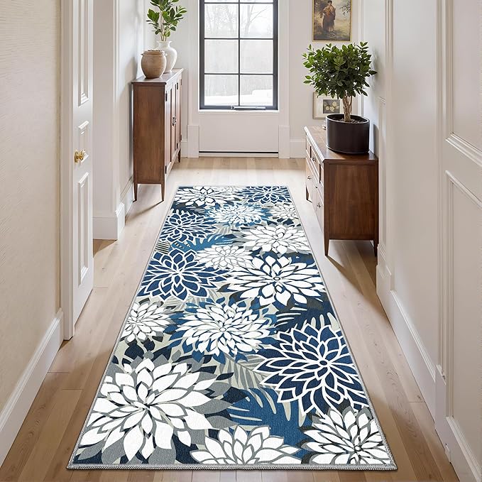 Area Rug 2x6 Blue White Washable Entry Rug Multicolored Tropical Botanical Modern Floral Indoor Kitchen Door Mat Entrance Carpet Non Slip for Bedroom Living Room, Porch