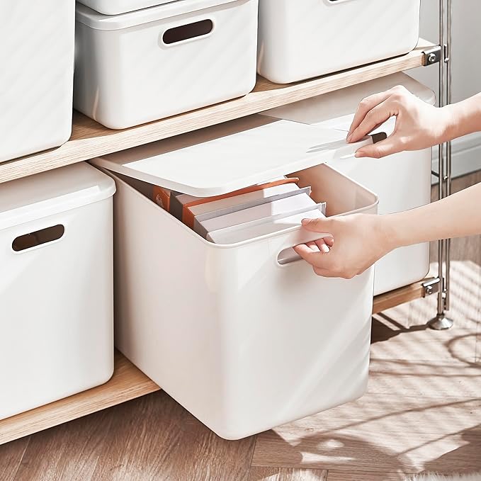 5 pack large plastic White storage bins with Lids, Toy Box Chest with Handle,Organizer Containers Baskets for Baby,Nursery,Shelves,Playroom, Bedroom,Office,Closet,home (White, 5L)