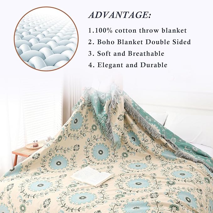 Snycler Boho Throw Blanket for Bed - 100% Cotton Ultra Soft Rustic Quilt - Blue Boho Floral Printed Farmhouse Decor Bed Blankets, 80"×90" All Season Rustic Throw for Sofa Couch Chair