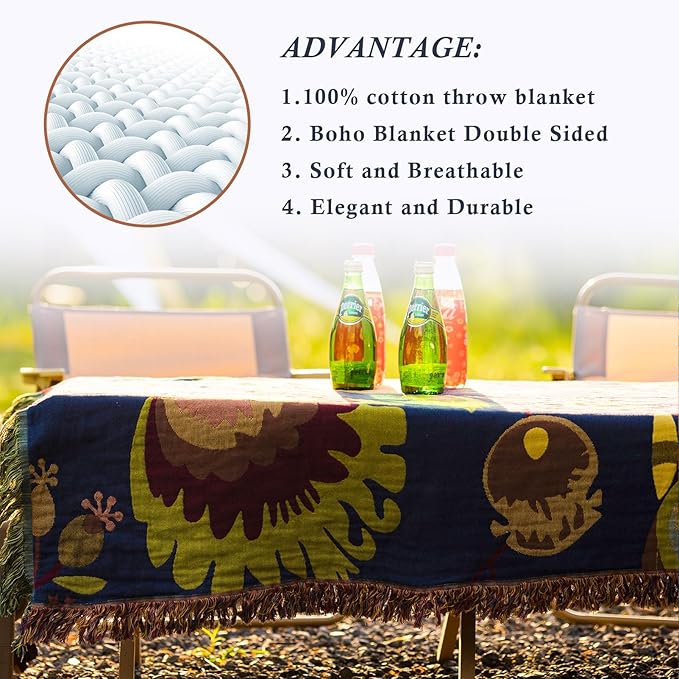 Snycler Boho Throw Blanket for Bed, 100% Organic Cotton Muslin Soft Throw-Blue Boho Floral Farmhouse Rustic Spring Summer Fall Decor Blanket for Couch Sofa Quilt and Gift, 60" x 80"