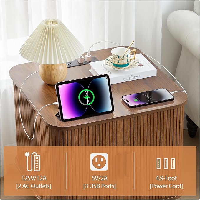 AVZEAR 24" Large Square End Table with Charging Station, Farmhouse Fluted Sofa Side Table with Sliding Tambour Door & Storage, Curved Rustic Wood Nightstand for Living Room, Bedroom, Walnut