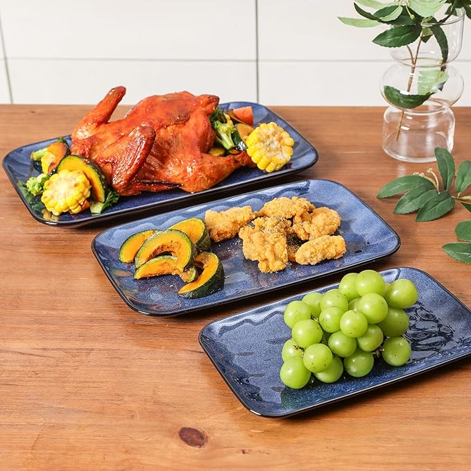 vicrays Ceramic Rectangle Serving Platters - 14" 12" 10" Porcelain Serving Trays Plates for Party BBQ Appetizers Sushi Dessert - Microwave Oven and Dishwasher Safe - Set of 3 Blue