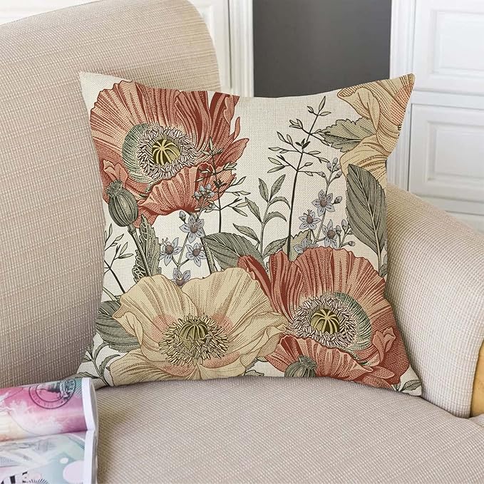 TSSOHU Vintage Flowers Pillow Cover Rustic Cotton Linen Decorative Square Throw Pillow Cover 18x18 Inch for Sofa Couch Decoration