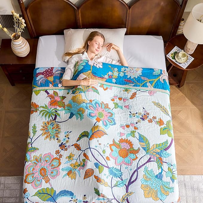Summer Throw Blanket, 80"x90" Reversible Bohemian Flower Blanket, 100% Cotton Muslin Breathable Woven, Farmhouse Decorative Throw Blanket