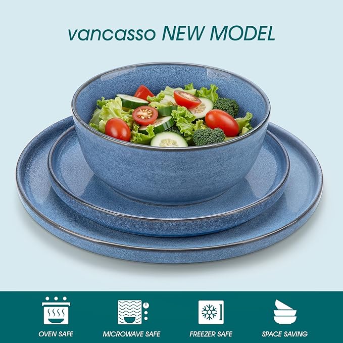 vancasso ANYA 18 Pieces Plates and Bowls Set, Blue Dinnerware Sets, Reactive Glaze Dishes Set for 6, Ceramic Dishware Sets Kitchen Dinner Set, Microwave & Dishwasher Safe