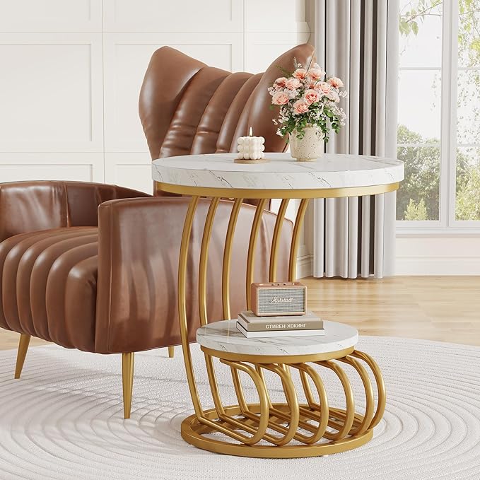 Tribesigns Gold Round End Table: 2 Tiers Side Table Set of 2 with Storage Shelf, Modern White Gold Bedside Nightstand, Metal Faux Marble Accent Table for Living Room