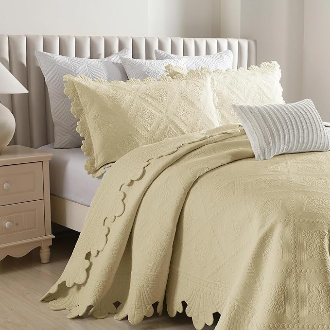 MarCielo 3-Piece 100% Cotton Oversized Bedspread Lightweight Quilt Coverlet Embroidery Farmhouse Bedding Set (Tk Beige Khaki, Oversized Queen (100"x106"))