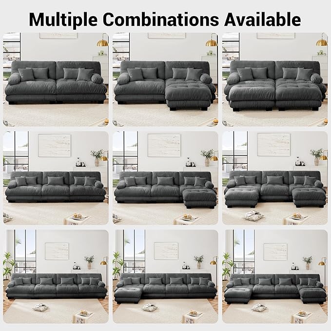 U Shaped Couch Sectional Couch, 3-Seater Cloud Couch Sectional Oversized Couch, Sofa Bed Couch with Round Bolster Armrests 5 Pillows, Modular Couch Home Sofa Living Room Couch(Gray)