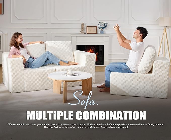 Modular Sectional Sofa 3-Seater Modular Couch with Deep Seat Memory Foam Cloud Chair with Pillows Oversized Sectional Sofa for Living Room Bedroom (Plush White, 3-Seater)