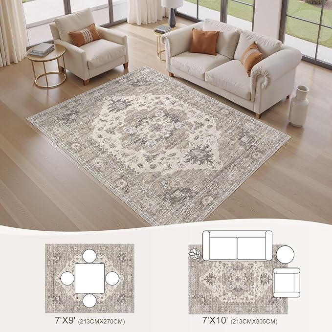 Washable Area Rugs for Living Room - 7x9 Neutral Vintage Distressed Floral Farmhouse Boho Large Soft Floor Rug Indoor Non Slip Carpet for Living Room Bedroom Dining Room Office -Brown/Beige