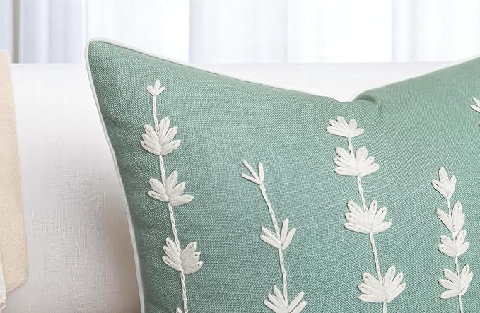 VAGMINE Hand Embroidered Daisy Accent Throw Pillow Cover - 18x18 Inches Square - 100% Cotton Light Teal Decorative Cushion Cover for Couch, Sofa, Bed - Textured Embroidery - Elegant Floral Home Décor