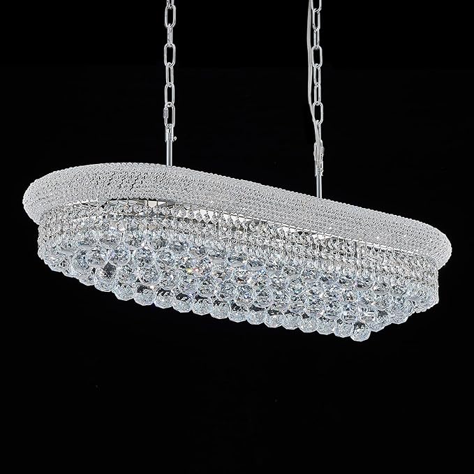 Rectangular Crystal Chandeliers for Dining Room,10 Lights Adjustable Height Oval Crystal Ceiling Light Fixture for Kitchen Island, Chrome Finish, L36''