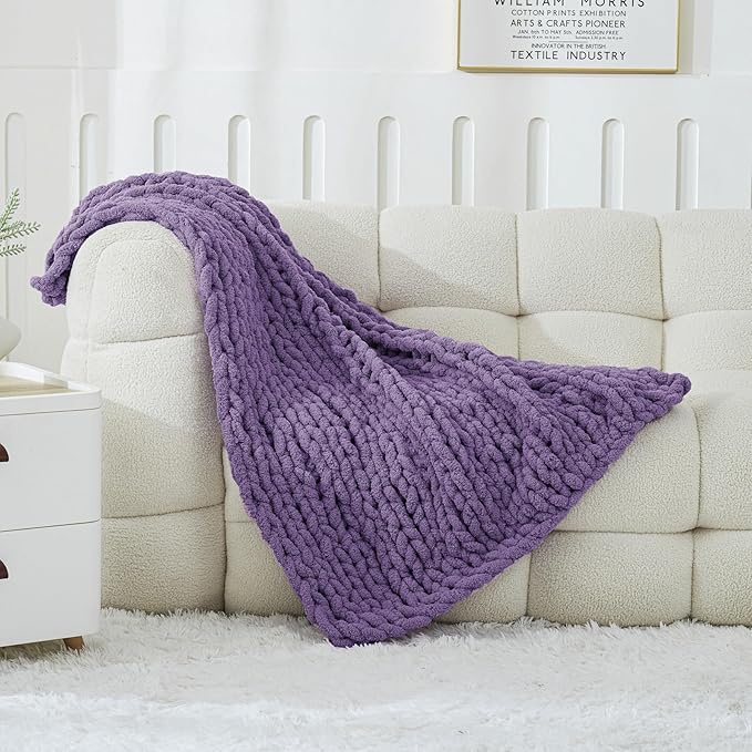 WESHIONGOO Chunky Knit Blanket Throw 40"×40" Knitted Throw Blankets for Couch Bed Fluffy Soft Blanket with Jumbo Chenille Yarn Thick 100% Handmade(Purple)