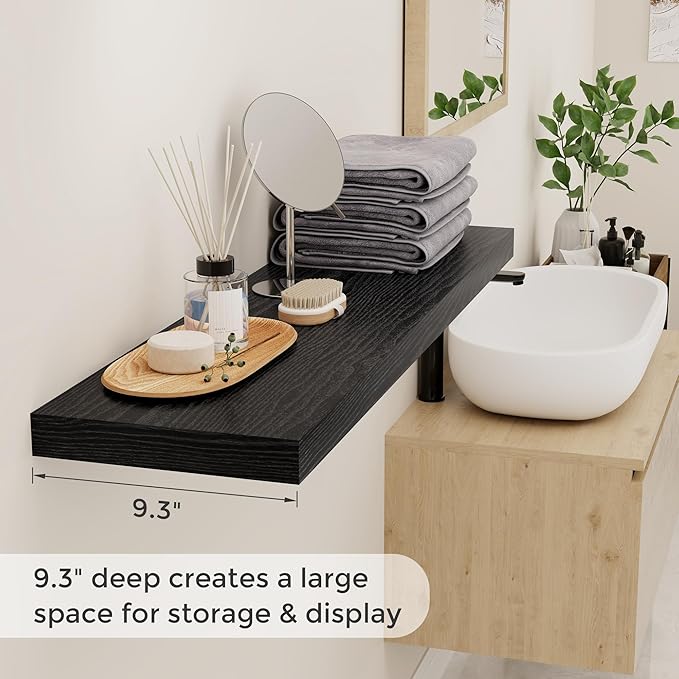 40 Inch Floating Shelves Black, 40" W x 9" D Floating Shelf Set of 2, Farmhouse Wood Wall Shelves for Bedroom, Kitchen, Wall Mounted Deep Shelving for Home Decor