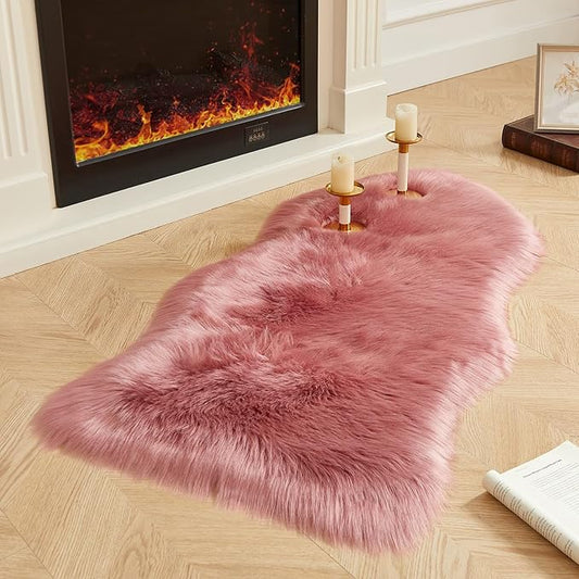 AMTOVO Faux Fur Rug, Blush Pink Area Rug, Fluffy Sheepskin Rug, Fuzzy Ultra Soft 2 x 4 ft Shag Rugs for Bedroom Sofa Throw Cushion Room Decor, Sheepskin