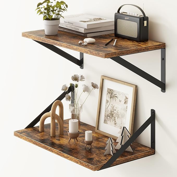 18"W x10"D Floating Shelves, Farmhouse Wall Shelves Home Decor Shelf, Deep Bathroom Shelves with Bracket, 10 Inch Deep Wall Shelf for Living Room, Kitchen, Bedroom, Rustic Brown, Set of 2