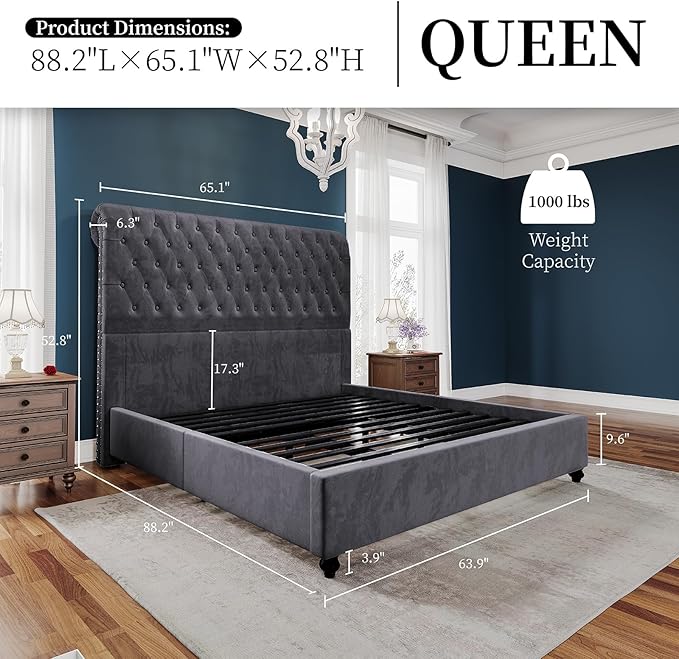 PaPaJet Bed Frame Queen Size Upholstered Platform Bed with 52.8'' Tall Sleigh Headboard, Button Tufted, No Box Spring Needed, Easy Assembly, Dark Grey
