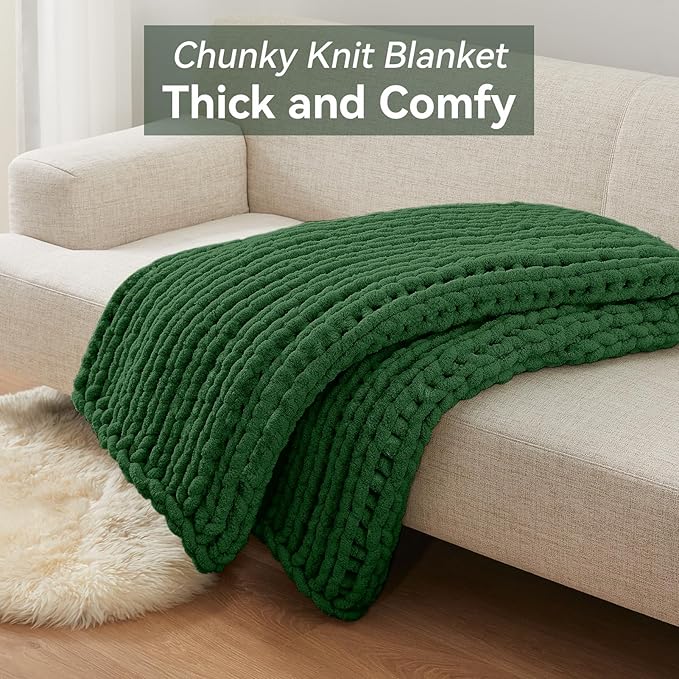 Chunky Knit Throw Blanket, 60''*80'' Knitted Throw Chenille Yarn for Bed Couch, Handmade Grass Green Crochet Big Thick Blanket, Machine Washable Cute Comfy Blanket for Home Decor