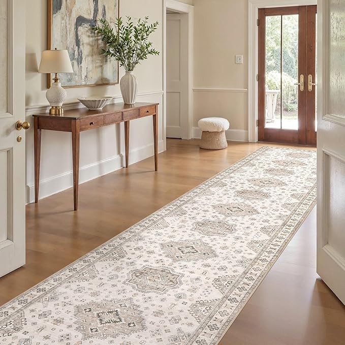 Washable 3x20 Runner Rug - Area Rugs Neutral Vintage Distressed Floral Farmhouse Boho Large Soft Floor Rug Indoor Carpet for Hallway Entryway Home - Beige Brown