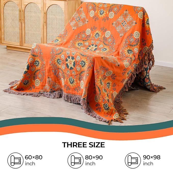 Throw Blanket for Couch Bed Chair,100% Cotton Soft Lightweight Blanket Rustic Quilt -Orange Floral Printed Farmhouse Decor Bed All Season Blankets,90"×98"