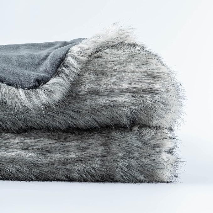 BATTILO HOME Silver Grey Faux Fur Throw Blanket for Couch, Bed, Fake Fur Blankets & Throws, Thick Warm Heavy Fluffy Fuzzy Elegant Furry Blanket Long Pile with Black Tips, 50"x60"