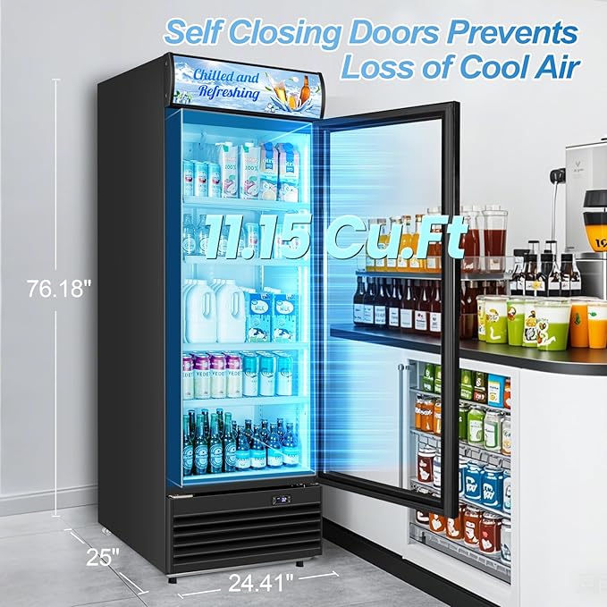 Tylza Commercial Refrigerator with Glass Door Display Beverage Fridge, 11.15 Cu Ft Upright Beverage Cooler Merchandiser with Replaceable Advertising Light Board, Rebound Door, Fast Cooling, Black
